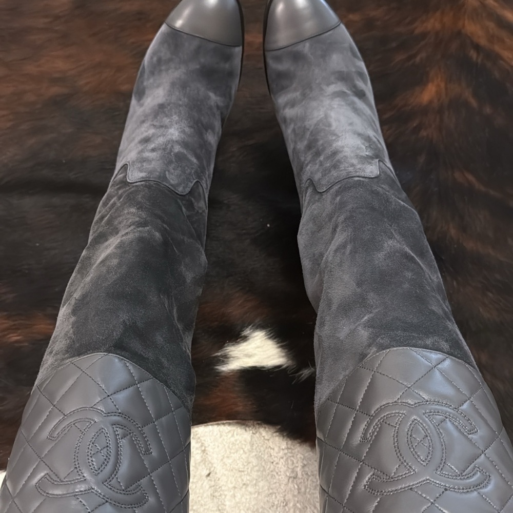 Chanel Gray Suede Knee-High Boots